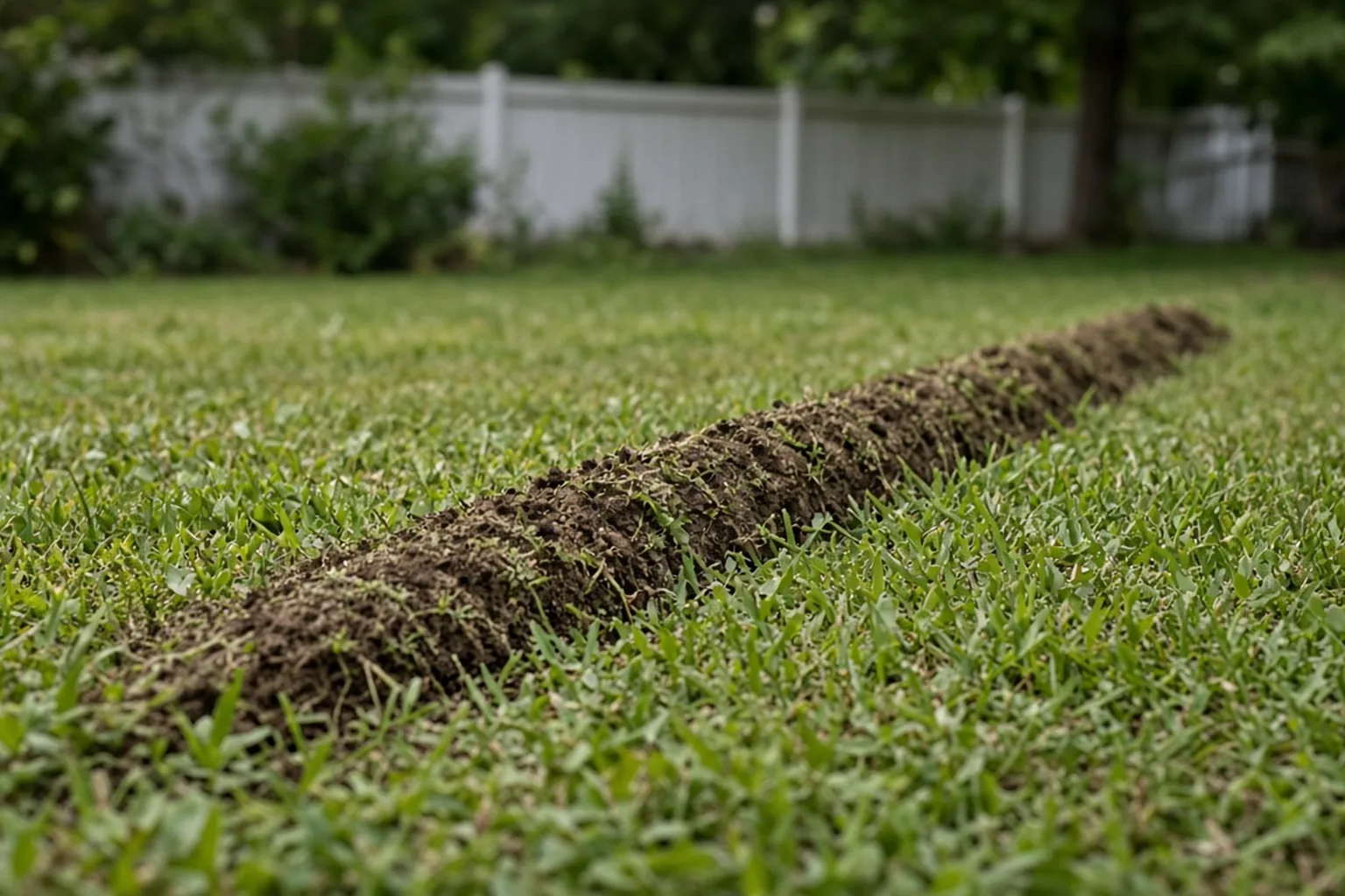 Raised surface tunnel ridge crossing a lawn