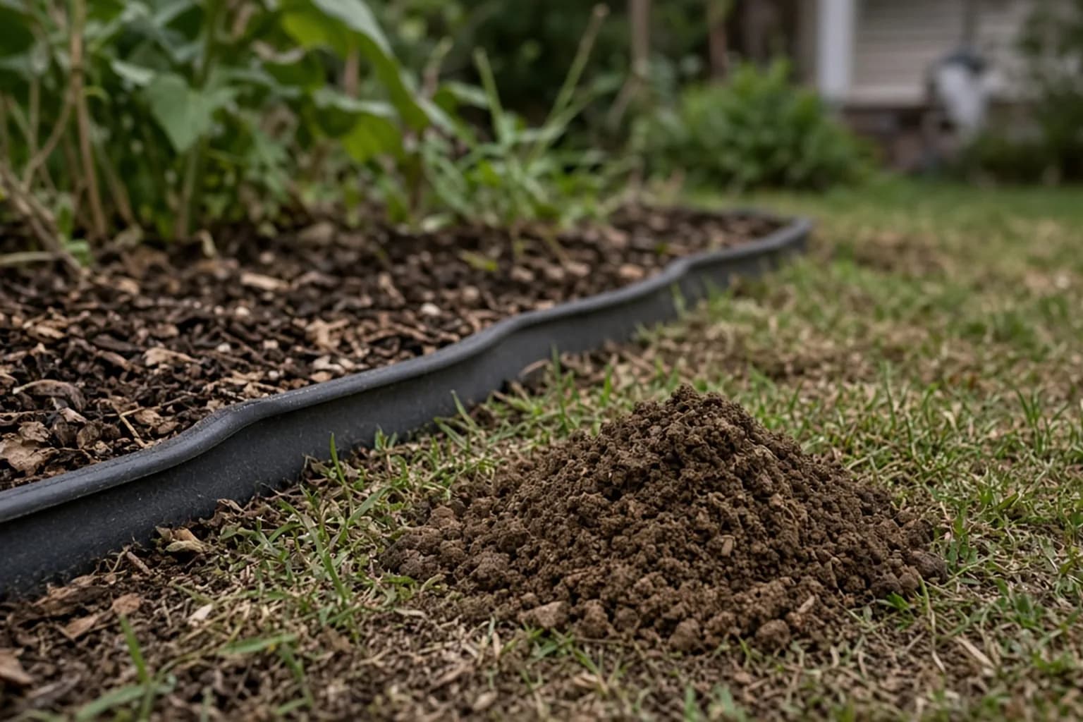 Molehill beside a garden bed edge
